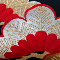 Black Silk Obi Pillow -Gold Velvet and Pines -16 inch