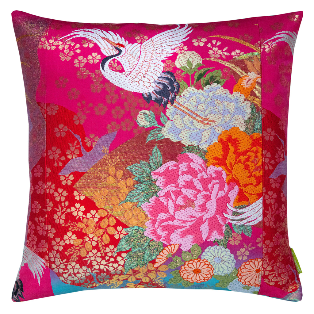 Pink Flying Cranes pillow in vintage Uchikake silk and velvet, 18.5-inch square Obi cushion by Hunted and Stuffed