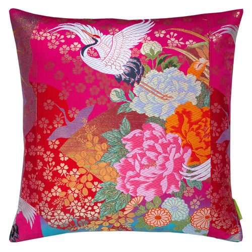 Pink Flying Cranes pillow in vintage Uchikake silk and velvet, 18.5-inch square Obi cushion by Hunted and Stuffed