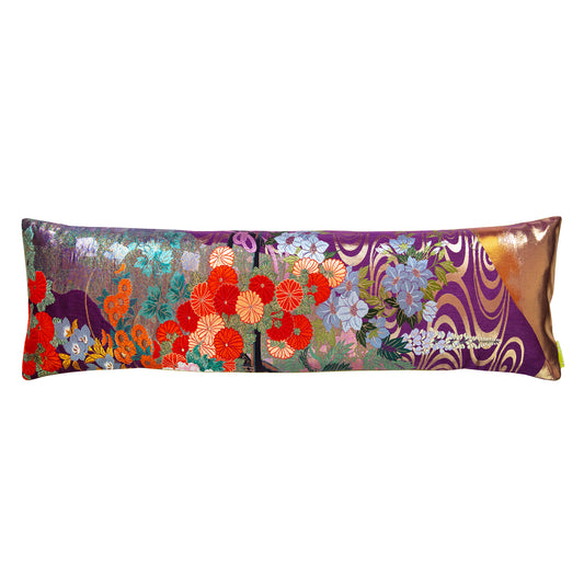 Purple bolster pillow with sage green velvet reverse by Hunted and Stuffed, London