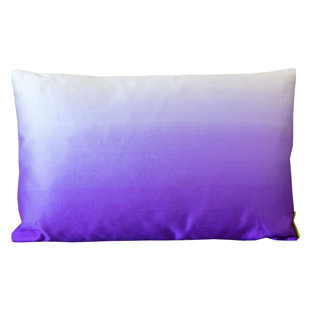 Hunted and Stuffed vintage silk kimono cushion featuring purple to white ombre gradient, pink fabric back, 16x16 inches
