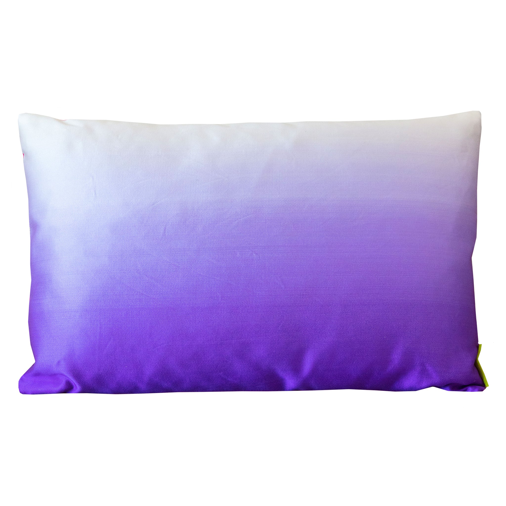 Hunted and Stuffed vintage silk kimono cushion featuring purple to white ombre gradient, pink fabric back, 16x16 inches