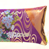 Kimono bolster pillow in purple silk with metallic gold accents and flowers