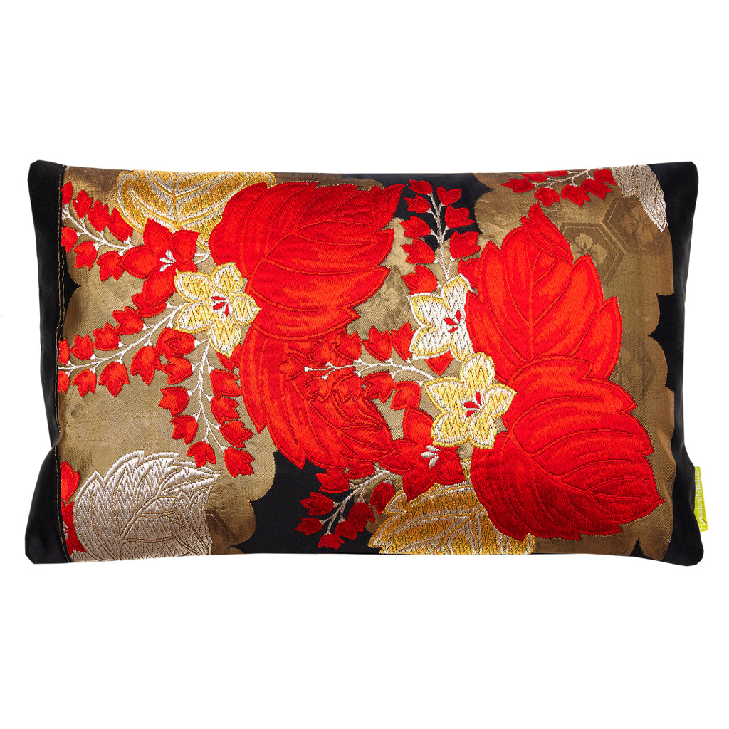 Red and gold embroidered silk obi cushion with black silk backing, vintage style, layered textures, Hunted and Stuffed brand