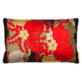 Red and gold embroidered silk obi cushion with black silk backing, vintage style, layered textures, Hunted and Stuffed brand