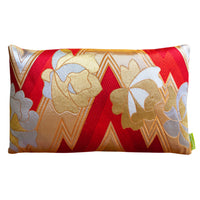 Red silk obi cushion with gold flowers and zig zag design