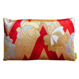 Red silk obi cushion with gold flowers and zig zag design