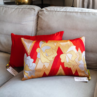 Red silk pillow made from repurposed vintage obi silk by Hunted and Stuffed