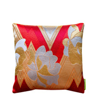 Red gold and silver throw pillow made from vintage obi silk by Hunted and Stuffed