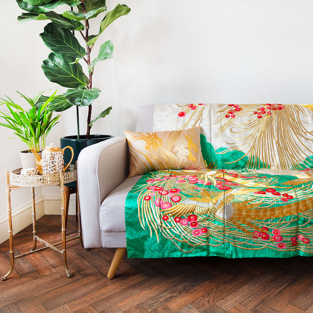 Hunted and Stuffed gold phoenix silk throw blanket with vintage kimono pattern, 50x60 inches, satin finish, suitable for