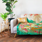 Hunted and Stuffed gold phoenix silk throw blanket with vintage kimono pattern, 50x60 inches, satin finish, suitable for