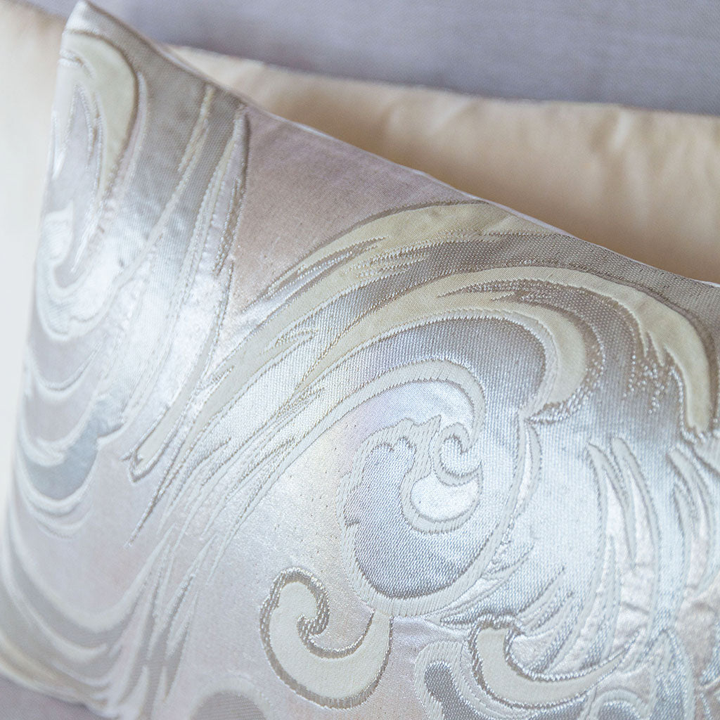 Close-up of the vintage obi fabric detail highlighting the intricate silver silk weaving and subtle texture variation