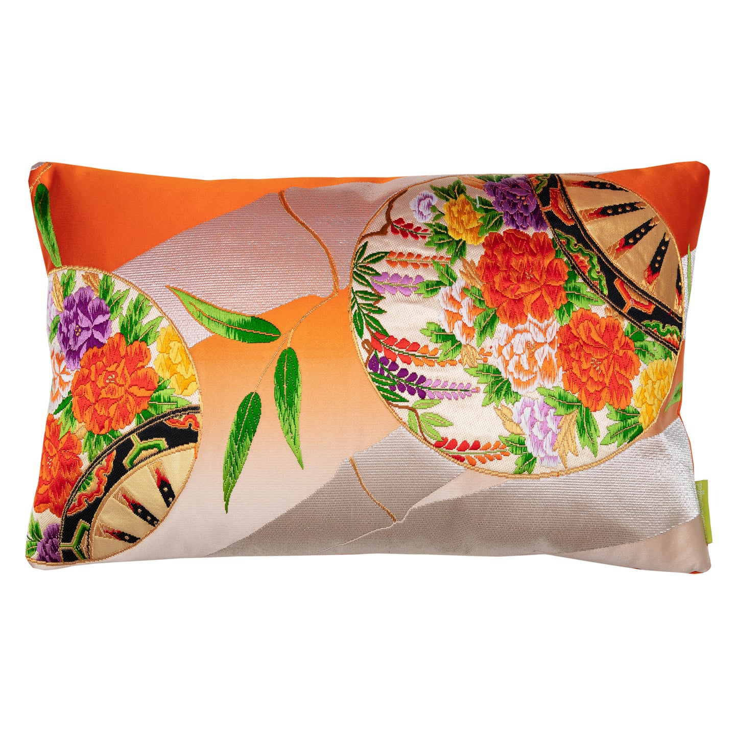 Silver and orange silk pillow, vintage obi cushion bamboo and flowers by Hunted and Stuffed