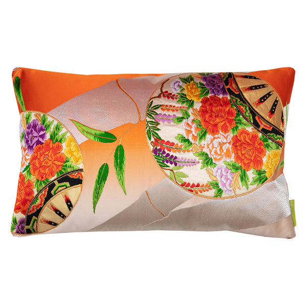 Silver and orange silk pillow, vintage obi cushion bamboo and flowers by Hunted and Stuffed