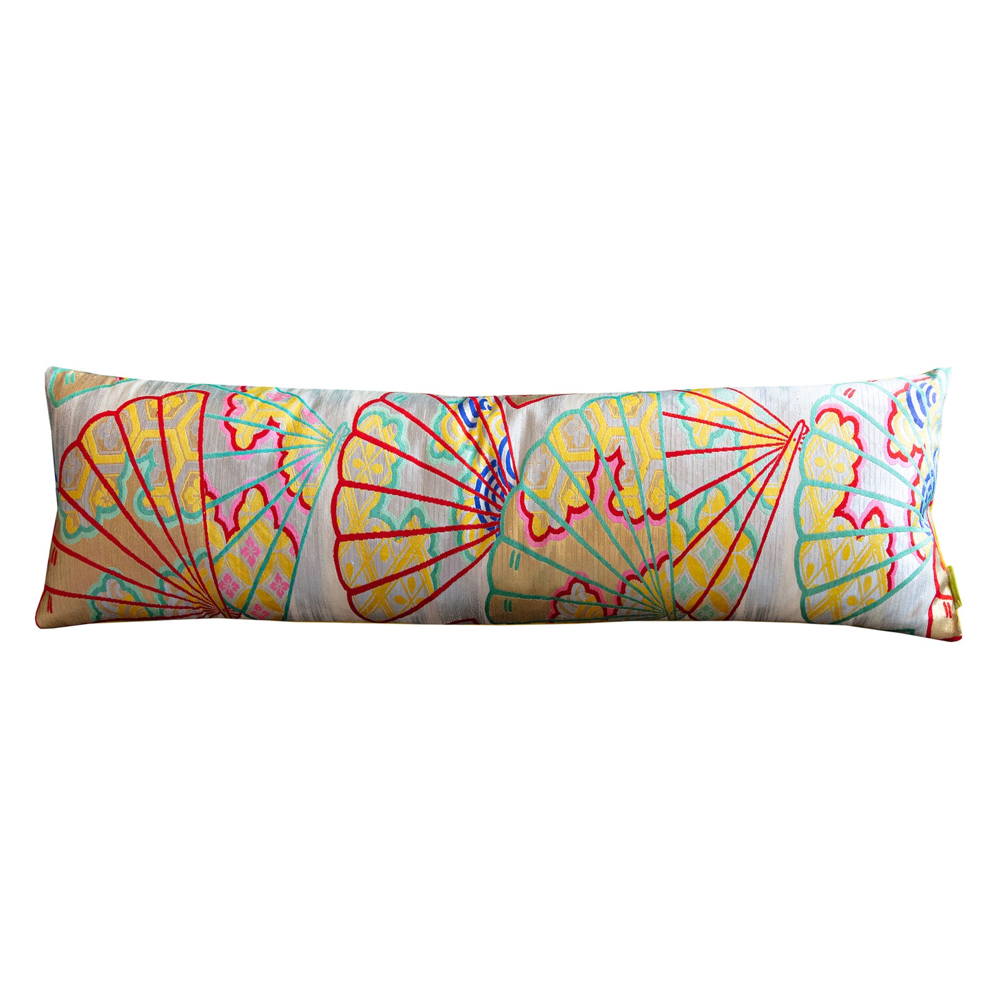 Long bolster pillow in silver with japanese fans design and yellow velvet reverse. Made from vintage obi silk.