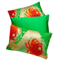 Green square pillow set of three with red floral silk obi cushions, soft textured fabric, each measuring approximately 16