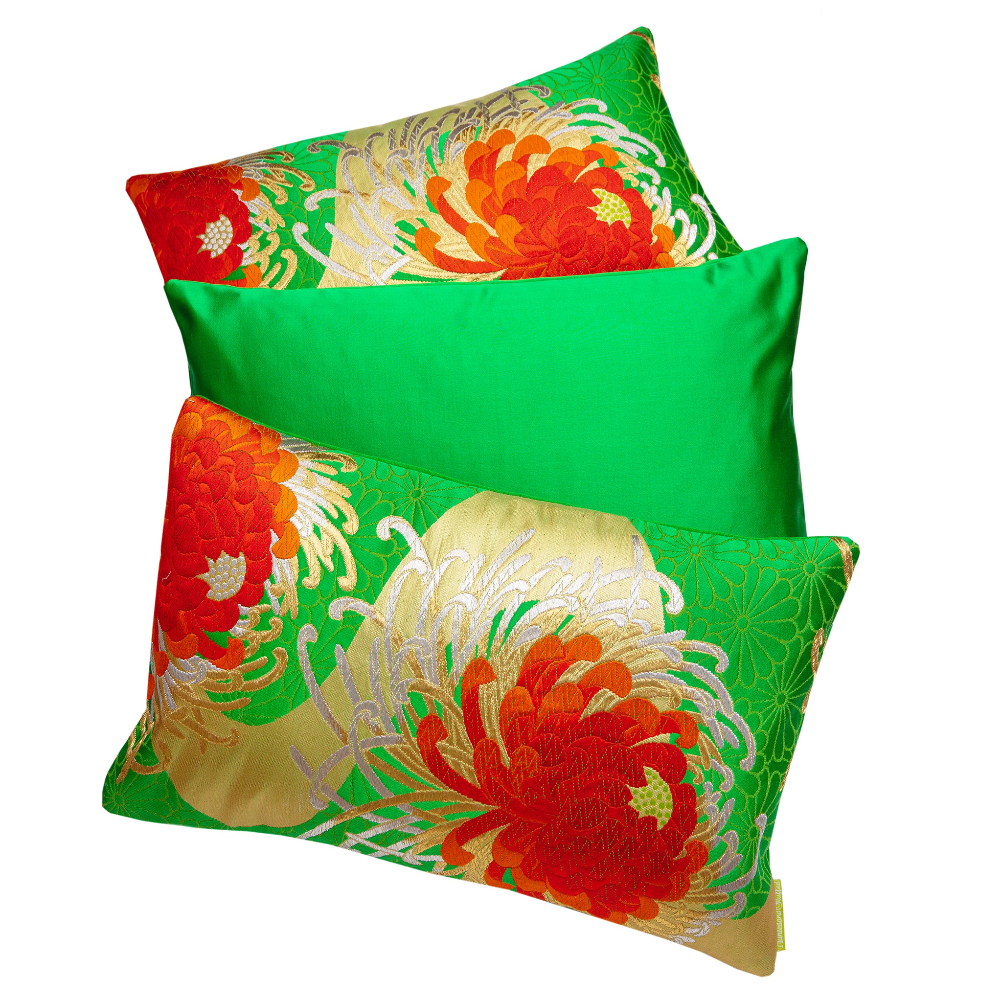 Green square pillow set of three with red floral silk obi cushions, soft textured fabric, each measuring approximately 16