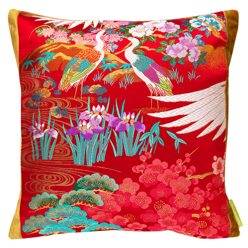 Hunted and Stuffed Uchikake square pillow in 15-inch red silk with gold velvet iris embroidery, textured surface, obi