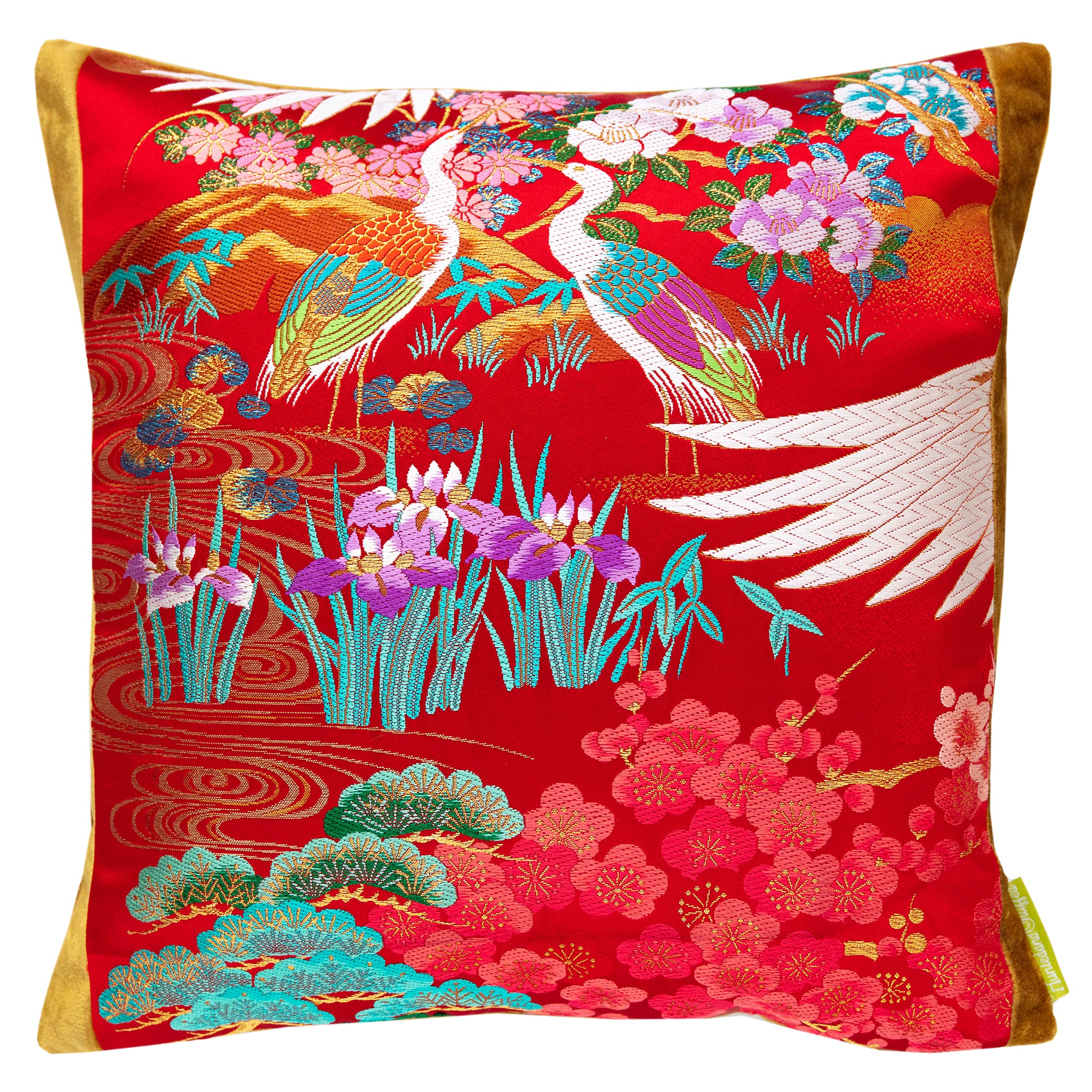 Hunted and Stuffed Uchikake square pillow in 15-inch red silk with gold velvet iris embroidery, textured surface, obi