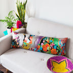 Close-up of the grey velvet fabric and rainbow silk embroidery detailing on the vintage wedding kimono bolster cushion from