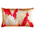 Vintage Hunted and Stuffed Obi cushion featuring red zigzag fabric with gold floral embroidery, 16x16 inches, fabric texture