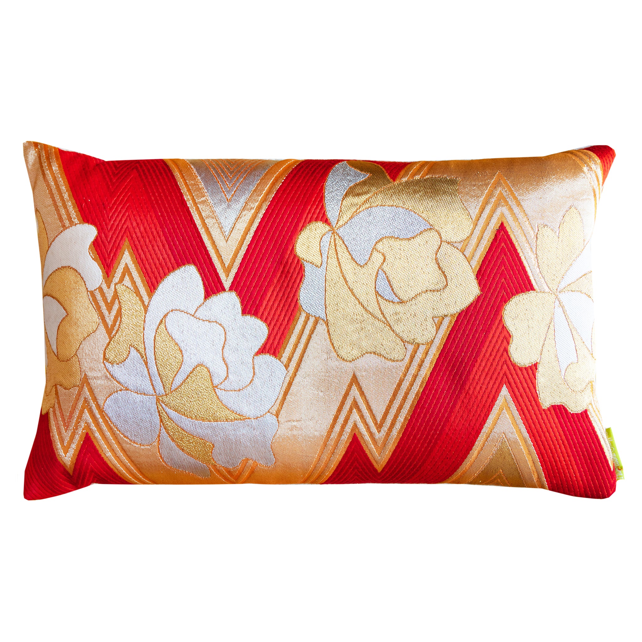 Vintage Hunted and Stuffed Obi cushion featuring red zigzag fabric with gold floral embroidery, 16x16 inches, fabric texture
