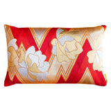 Vintage kimono cushion with red silk zig zag pattern and gold flowers and silver velvet pillow back.