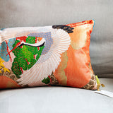 Detail of the vintage Uchikake cushion with crane in flight by Hunted and Stuffed