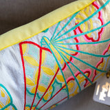 Long lumbar pillow in yellow velvet and silver vintage obi silk by Hunted and Stuffed