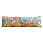 Yellow bolster cushion featuring embroidered oriental fan motifs on silver kimono silk fabric, 20x8 inches, by Hunted and